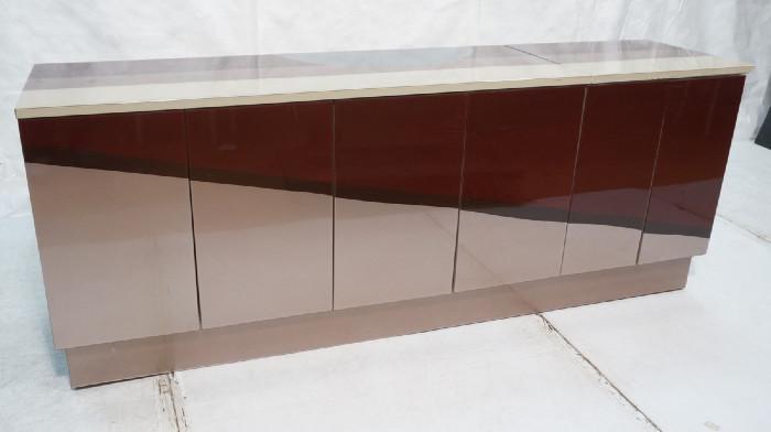 Lot 106  -  Pierre Cardin Style Sideboard Credenza with flip top section for bar.  Colored acrylic coated.  Multicolor.-- Dimensions:  H: 32 inches: W: 85.25 inches: D: 21 inches --- 