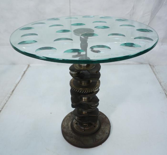 Lot 110  -  Industrial Magiscope Sculpture Table Engraved Feliciano Bejar.  Cam shaft base. -- Dimensions:  H: 24.5 inches: W: 23.5 inches --- 