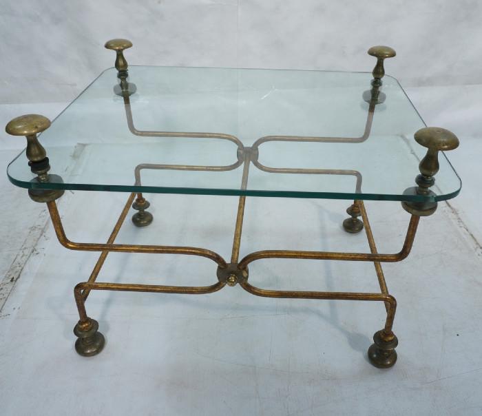 Lot 112  -  Decorator Campaign Style Side Occasional Table.  Glass top.-- Dimensions:  H: 21 inches: W: 27.75 inches: D: 22 inches --- 