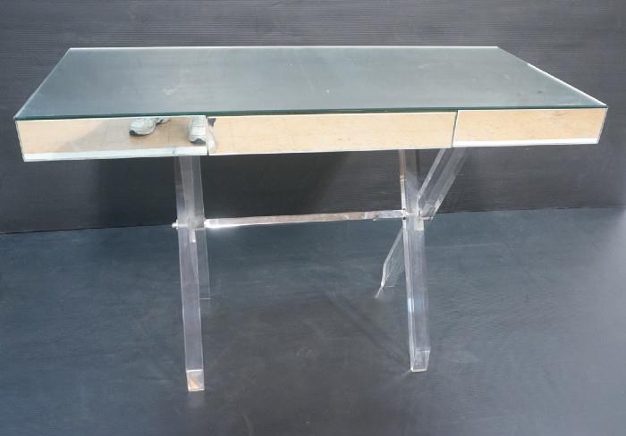 Lot 117  -  Decorator Mirrored Vanity on Lucite Acrylic Base.  Chrome stretcher.-- Dimensions:  H: 29 inches: W: 44 inches: D: 20.5 inches --- 