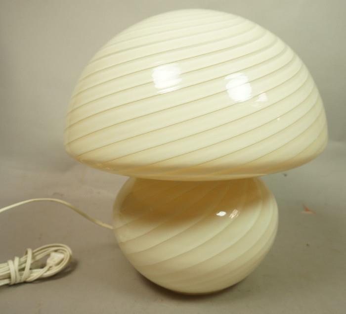 Lot 125  -  Murano Glass Mushroom Table Lamp.  Swirl Design.  Unmarked.-- Dimensions:  H: 15 inches: W: 13 inches --- 