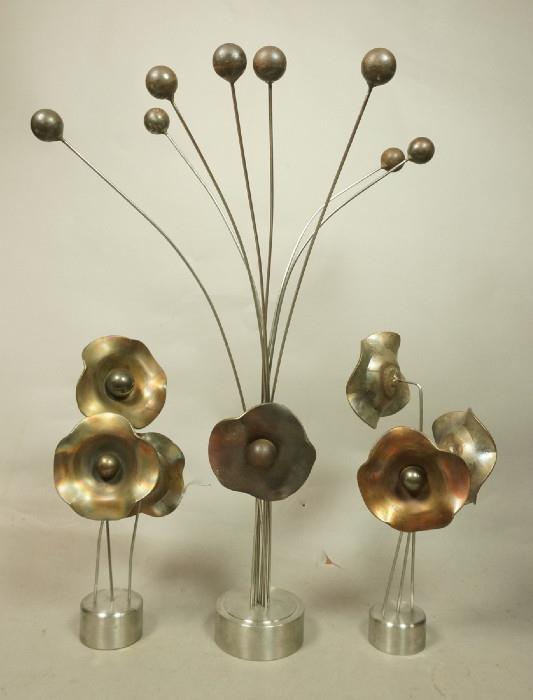 Lot 127  -  R.M. Sprague Industrial Metal Flower Sculptures.  3 piece set.  Mixed metal.-- Dimensions:  H: 23.5 inches: W: 16 inches ---  <br><br>US Shipping charge:</b>  $35