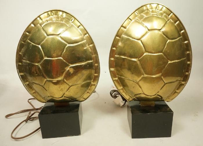 Lot 130  -  Pair Chapman Turtle Shell Table Lamps.  Brass with black bases. 1978 Chapman label.-- Dimensions:  H: 14 inches: W: 9.25 inches: D: 4.25 inches ---  <br><br>US Shipping charge:</b>  $35