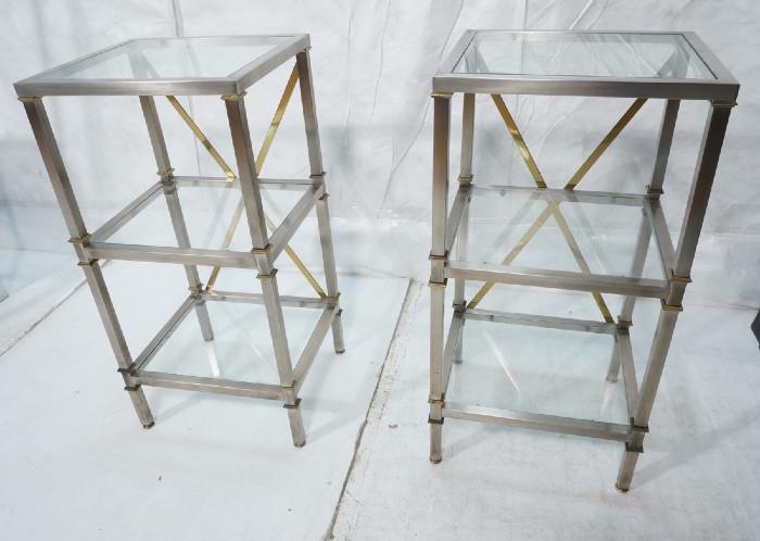 Lot 136  -  Pair Small Decorator Pedestal Etageres.  Regency style with brass x backs.  Stainless with brass accents.-- Dimensions:  H: 36 inches: W: 18.5 inches: D: 16.5 inches --- 