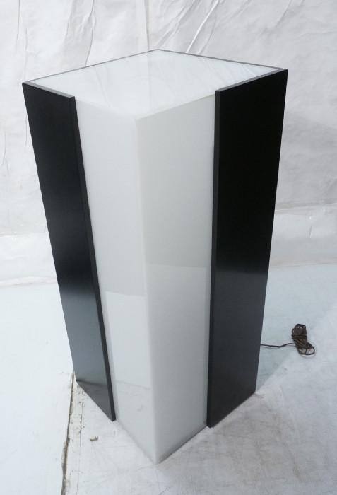 Lot 138  -  Mod Black Lacquer and White Acrylic Pedestal.  Phil/Roeberg Penna.  Lights up.  -- Dimensions:  H: 36.5 inches: W: 15 inches: D: 15 inches --- 
