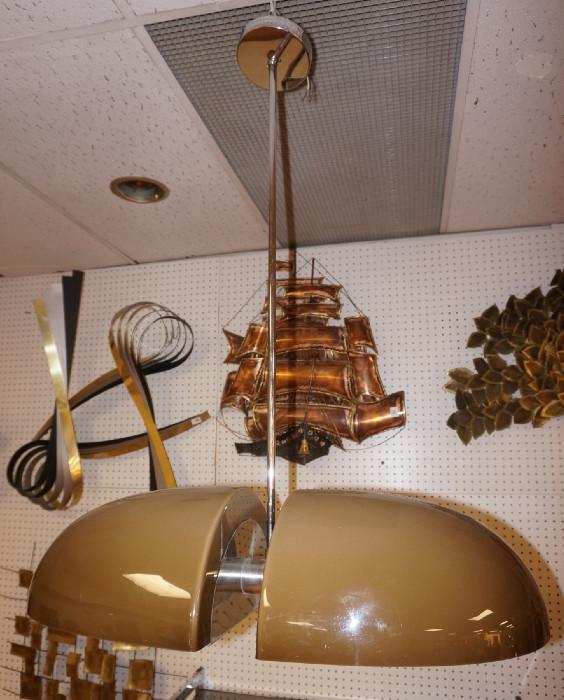 Lot 142  -  70's Modern Italian Chrome & Acrylic Hanging Lamp. Chandelier. Brown acrylic shades with white interior. -- Dimensions:  H: 37.5 inches: W: 30 inches: D: 15 inches --- 