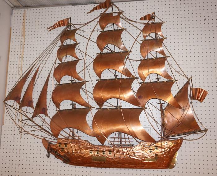 Lot 150  -  Large Copper Sailing Ship Wall Sculpture. Brass Plaques with initials & numbers;  B4303. -- Dimensions:   --- 