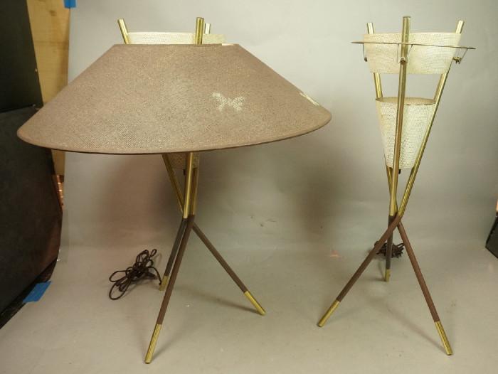 Lot 154  -  Pr American Modern GERALD THURSTON style Lamps. Brass Rods with painted brown elements. Flared shades. -- Dimensions:  H: 26 inches --- 