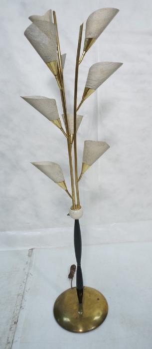 Lot 157  -  70's Modern American Tulip form Floor Lamp. Nine Pierced white metal shades on brass rods. Black metal column on brass base.-- Dimensions:  H: 66 inches: W: 19 inches --- 