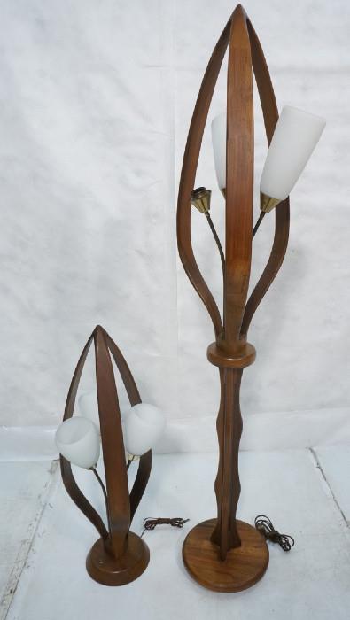 Lot 158  -  Two American Modern Walnut Lamps. Floor Lamp with brass trim and arms. Table Lamp matches but with smaller shades.-- Dimensions:  H: 67 inches --- 