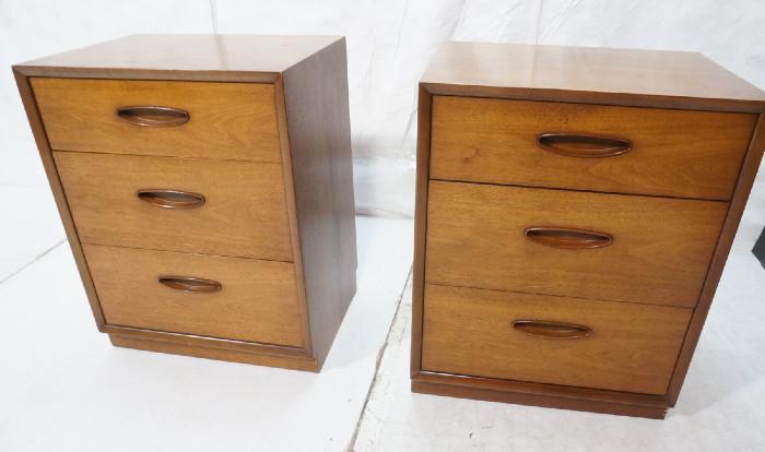Lot 159  -  Pr HENREDON Walnut Circa 60 Night Stands. Three Drawers Side Tables. Recessed wood pulls. Marked.-- Dimensions:  H: 28.25 inches: W: 22 inches: D: 16.75 inches --- 