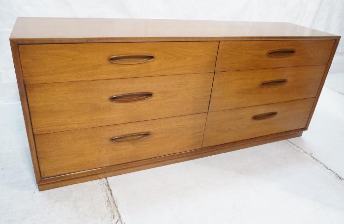 Lot 160  -  HENREDON Walnut Circa 60 Dresser Chest Drawers. Six Drawer Low Chest. Recessed wood pulls. Marked.-- Dimensions:  H: 28.25 inches: W: 66 inches: D: 16.75 inches --- 