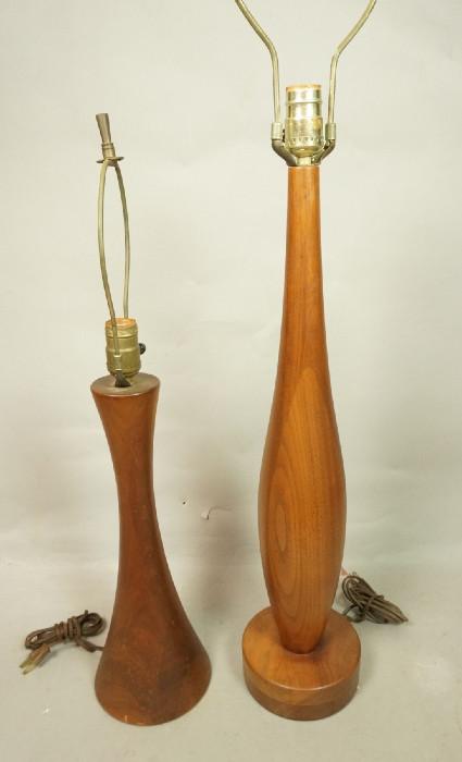 Lot 170  -  2pc PHILIP POWELL style Wood Lamps. Corseted Table Lamp. Bowling Pin Shape. Walnut-- Dimensions:  H: 35.5 inches --- 