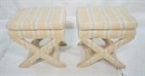 Lot 181  -  Pr Fabric upholstered benches stools. Striped cream fabric. "X" Bases.-- Dimensions:  H: 18 inches: W: 18.5 inches: D: 16 inches --- 