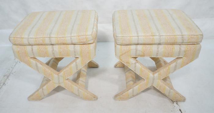 Lot 181  -  Pr Fabric upholstered benches stools. Striped cream fabric. "X" Bases.-- Dimensions:  H: 18 inches: W: 18.5 inches: D: 16 inches --- 