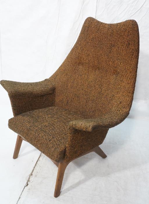 Lot 180  -  ADRIAN PEARSALL Tall Back Lounge Chair. Walnut frame. Orange black fabric tweedy upholstery. Flared upholstered arms. -- Dimensions:  H: 45 inches: W: 37 inches: D: 29 inches --- 