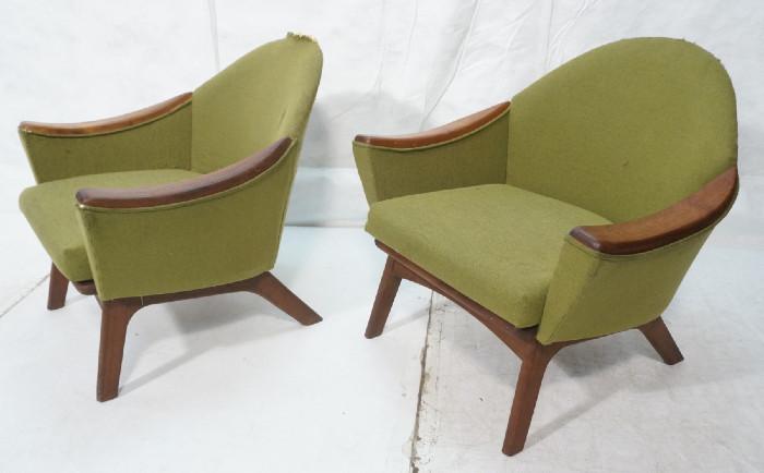 Lot 182  -  Pr ADRIAN PEARSALL American Modern Walnut Lounge Chairs. Olive Green Fabric. Walnut arms and frame. -- Dimensions:  H: 31 inches: W: 31 inches: D: 24 inches --- 