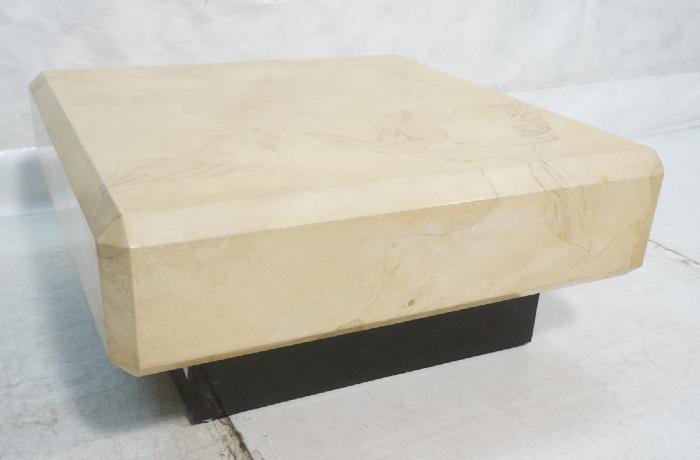 Lot 183  -  KARL SPRINGER style Lacquered Goatskin Coffee Table. Square beveled edge cocktail table. Black base.-- Dimensions:  H: 17 inches: W: 36 inches: D: 36 inches --- 