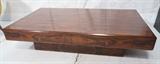 Lot 184  -  HK Rosewood Large Coffee Table with Two Drawers. Cocktail table. Label. Recessed base.-- Dimensions:  H: 15 inches: D: 37.5 inches: L: 62.5 inches --- 