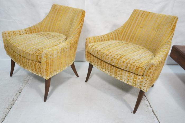Lot 185  -  Pr Upholstered Lounge Chairs. Gold striped fabric. American Modern Walnut Saber Legs. Not marked.-- Dimensions:  H: 30 inches: W: 29 inches: D: 24 inches --- 