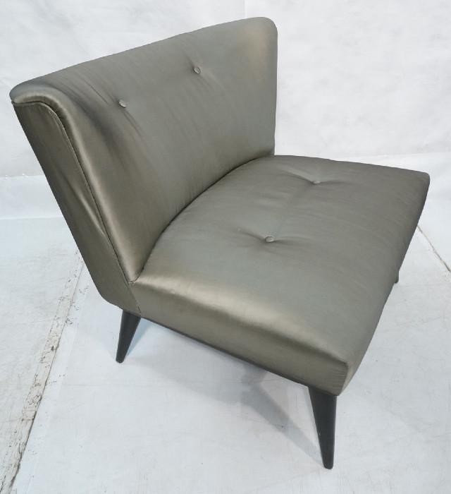 Lot 188  -  Modern Lounge Chair. Shiny Charcoal Fabric Upholstery. Black frame with tapered peg legs. Not marked-- Dimensions:  H: 30 inches: W: 31.5 inches: D: 26 inches --- 