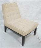 Lot 192  -  DUNBAR Cream  Upholstered Slipper Chair. Dark wood finish frame. Lounge Chair. Metal tag. -- Dimensions:  H: 32 inches: W: 24 inches: D: 29 inches --- 