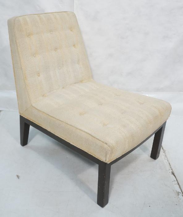 Lot 192  -  DUNBAR Cream  Upholstered Slipper Chair. Dark wood finish frame. Lounge Chair. Metal tag. -- Dimensions:  H: 32 inches: W: 24 inches: D: 29 inches --- 