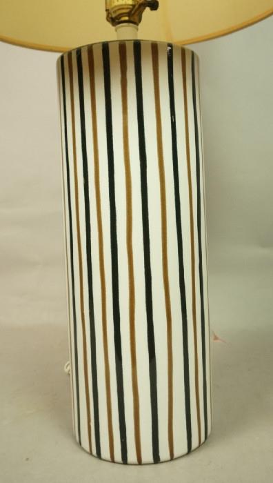 Lot 194  -  Tall Pottery Modern Table Lamp. Cream ceramics with black & brown thin stripes. Not marked.-- Dimensions:  H: 34 inches: W: 15.5 inches --- 
