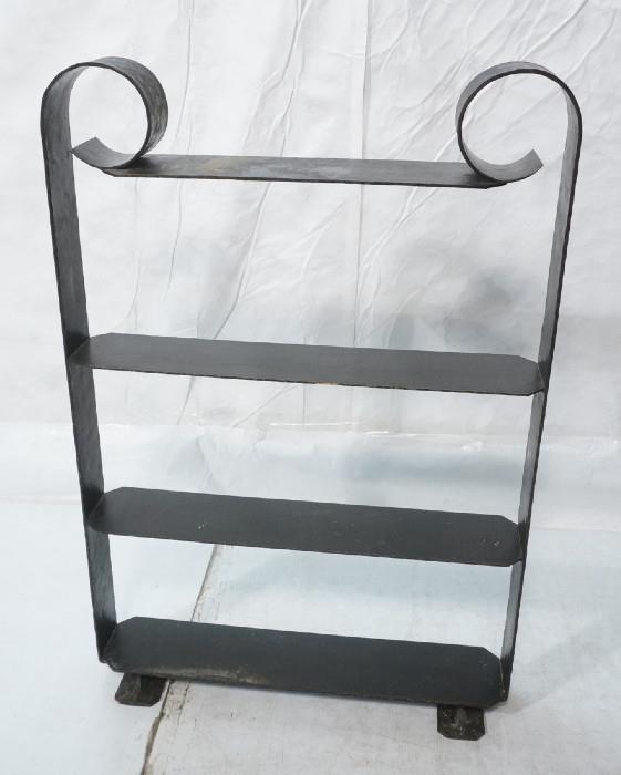Lot 196  -  Metal Contemporary Thin Shelf Bookcase. Hammered metal. Black finish. Scroll top. -- Dimensions:  H: 45 inches: W: 30 inches: D: 6 inches --- 