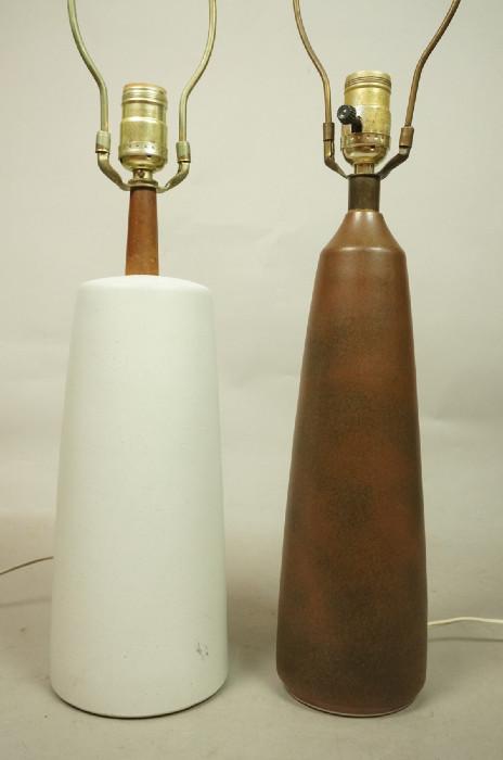 Lot 198  -  2pc Ceramic Pottery Table Lamps. 1). MARTZ Eggshell Glaze Lamp. Marked. 2). Tall Brown glazed Lamp. not marked. Possibly LOTTE BOSTLAND. -- Dimensions:  H: 26.5 inches: W: 4 inches --- 