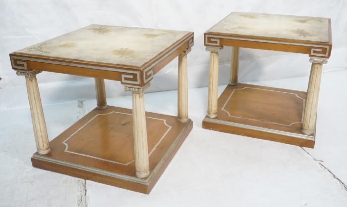 Lot 197  -  Pr GROSFELD HOUSE Regency style Side Tables. Leather tops with gilt embossed wheat shaft design. Fluted column legs with carved wood capital. Decorative Greek wall trim to skirt. Paint decorated lower tier. Metal tag. -- Dimensions:  H: 25 inches: W: 27 inches: D: 27 inches --- 