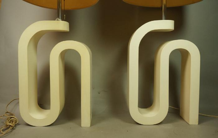 Lot 199  -  Pr White Lacquer Wood Modernist Table Lamps. Arched Form. Not marked. -- Dimensions:  H: 42 inches: W: 12 inches --- 