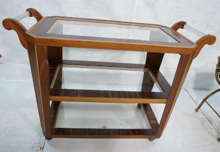 Lot 208  -  Handmade Rolling Tea Bar Cart. Wood with blond wood trim accents. Inset glass tiers. Two Lucite handles. -- Dimensions:  H: 28 inches: W: 38 inches: D: 17 inches --- 