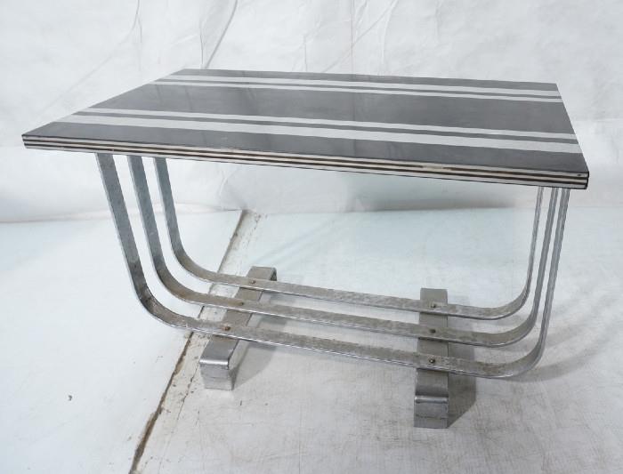 Lot 210  -  Vintage ART DECO Chrome Frame Side End Table. Three banded base. Black Laminate top with silver stripes. . -- Dimensions:  H: 18 inches: W: 27 inches: D: 16 inches --- 