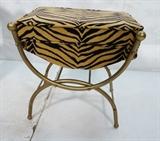 Lot 209  -  Contemporary Gold Metal Stool Bench. Striped Tiger fabric upholstery. -- Dimensions:  H: 20 inches: W: 20 inches: D: 14 inches --- 