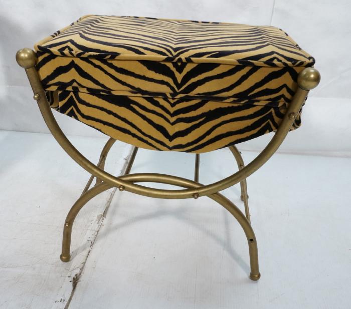 Lot 209  -  Contemporary Gold Metal Stool Bench. Striped Tiger fabric upholstery. -- Dimensions:  H: 20 inches: W: 20 inches: D: 14 inches --- 
