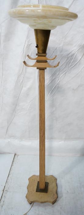 Lot 212  -  Asian inspired JAMES MONT style Torchiere Floor Lamp. Limed Oak Column. Glass shade. -- Dimensions:  H: 63 inches: W: 16 inches: D: 16 inches --- 