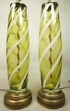 Lot 215  -  Pr Murano style Green Art Glass Table Lamps. Swollen column form. Green glass with white stripes. -- Dimensions:  H: 26 inches: W: 6 inches --- 