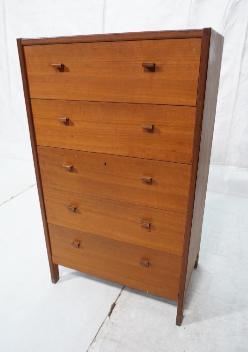 Lot 216  -  Five Drawer Danish Modern Teak Dresser Chest. Wood pulls. On legs. Not marked.-- Dimensions:  H: 43.5 inches: W: 25.5 inches: D: 17 inches --- 