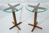 Lot 218  -  Pr Round Glass Top Wood Base Side Tables. 1/2" Glass tops have center hole to sit on top of base.-- Dimensions:  H: 21.5 inches: W: 16 inches --- 