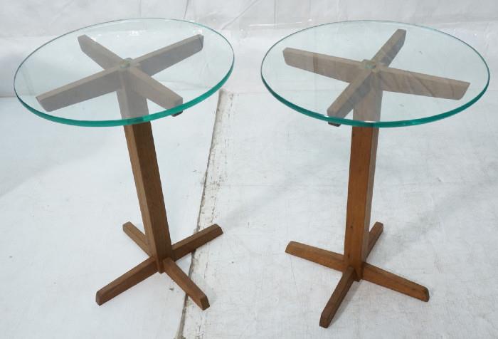 Lot 218  -  Pr Round Glass Top Wood Base Side Tables. 1/2" Glass tops have center hole to sit on top of base.-- Dimensions:  H: 21.5 inches: W: 16 inches --- 