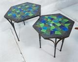 Lot 219  -  Set 3 Iron Nesting Tables. Hexagon shaped. Glazed Ceramic Mosaic Tile Top. -- Dimensions:  H: 18.5 inches: W: 21 inches: D: 21 inches --- 