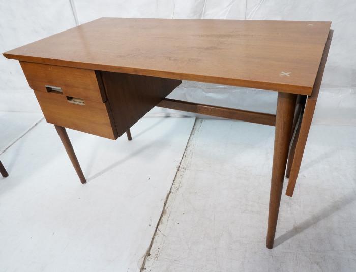 Lot 221  -  American of Martinsville Desk with Two Drawers. Drop Side. Aluminum detail to drawer pulls. inlaid metal "X" detail to top corners. Labeled. -- Dimensions:  H: 29.5 inches: W: 44 inches: D: 23 inches --- 