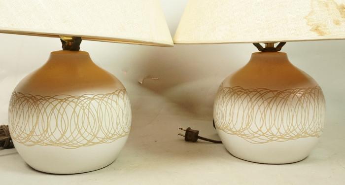 Lot 223  -  Pr MARTZ Pottery Ceramic Table Lamps. White Opaque Glaze with incised circle loop design. Martz wood finials. Marked.-- Dimensions:  H: 18 inches: W: 13 inches --- 