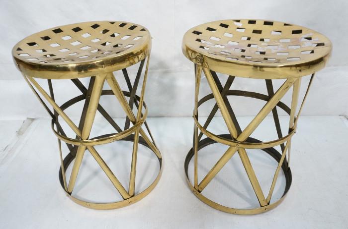 Lot 229  -  Pr SARREID Style Brass Corseted Stools. Pierced top. "X" Design. Marked Made in India.-- Dimensions:  H: 16 inches: W: 12 inches --- 