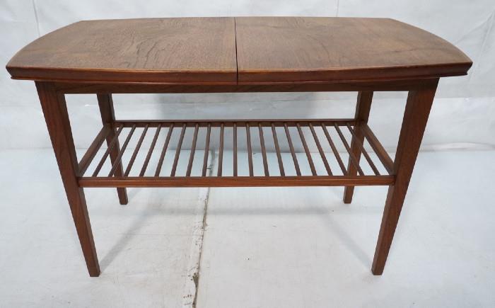 Lot 230  -  Modernist Extension Side Table. Banded top. Hidden 10.25" leaf. Slatted lower shelf. -- Dimensions:  H: 22.5 inches: W: 33.5 inches: D: 20 inches --- 