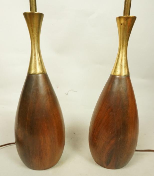 Lot 232  -  Pr Modernist TONY PAUL WESTWOOD Table Lamps. Walnut & Brass Bowling Pin Shape. Not marked. Felt on bottom. -- Dimensions:  H: 29 inches: W: 5 inches --- 