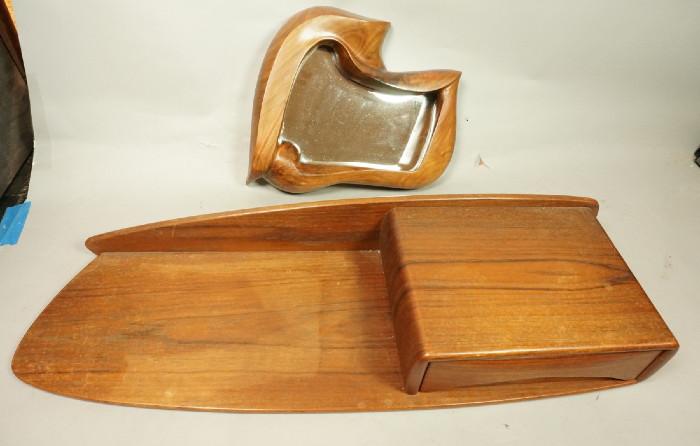Lot 231  -  2pc Modernist Wood Lot. Wall Shelf with drawer. Small wall mirror with sculpted wood frame.-- Dimensions:  H: 5 inches: W: 31 inches: D: 11 inches --- 
