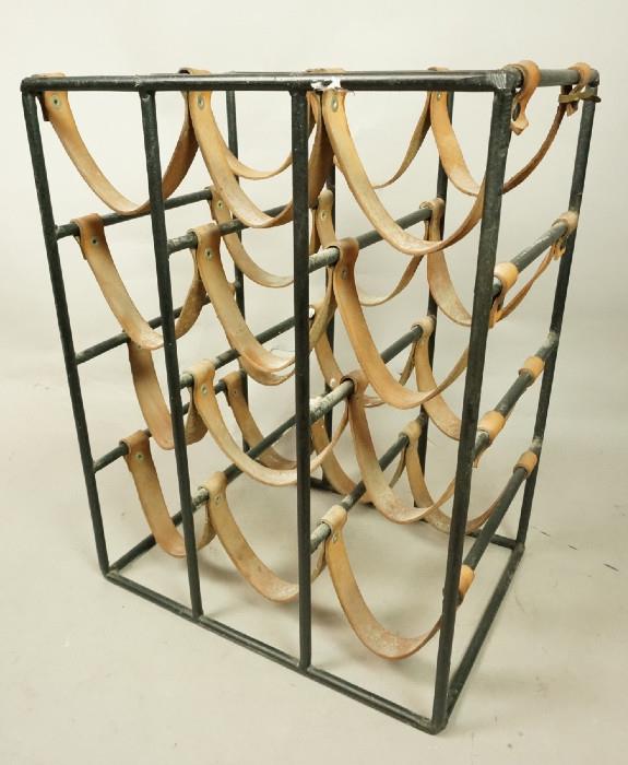 Lot 234  -  ARTHUR UMANOFF Iron & Leather Wine Rack. Mid Century.-- Dimensions:  H: 18 inches: W: 14 inches: D: 10 inches --- 