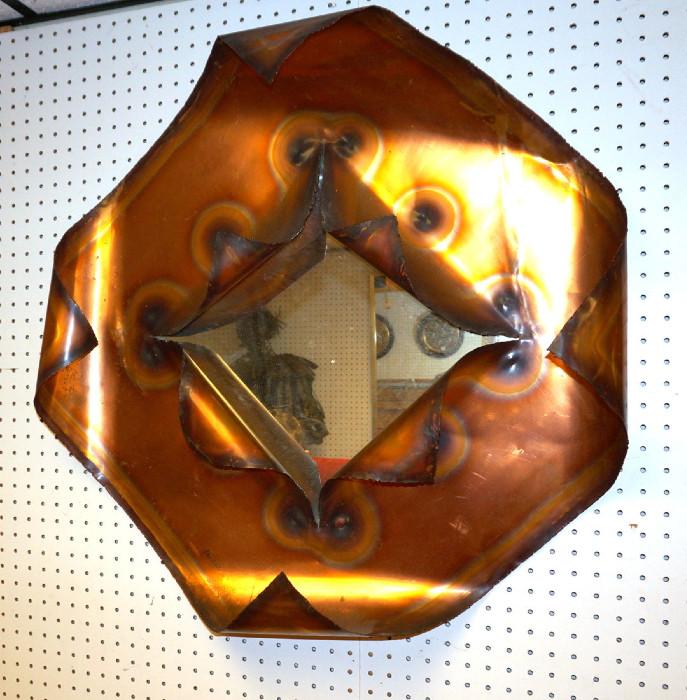 Lot 233  -  Brutalist Copper Wall Mirror. Signed Claubert. Rolled corner copper sheet. -- Dimensions:  H: 30 inches: W: 30 inches --- 
